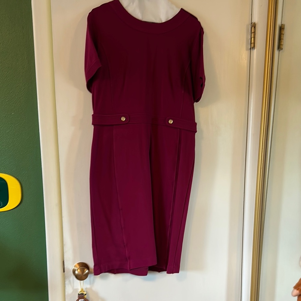 Pink Tartan Burgundy Sheath Midi Dress Crew Neck